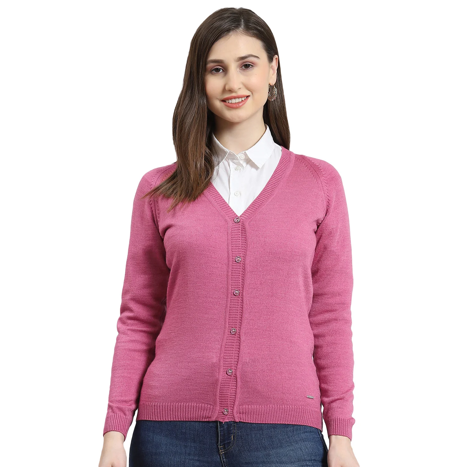 Women Pink Solid V Neck Full Sleeve Cardigan - Image 5