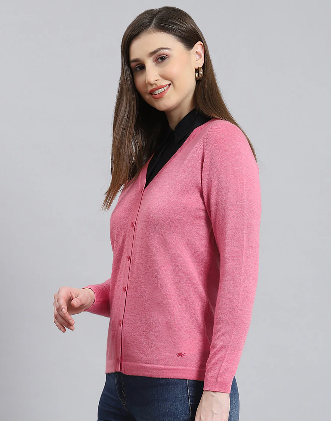 Women Pink Solid V Neck Full Sleeve Cardigan - Image 3