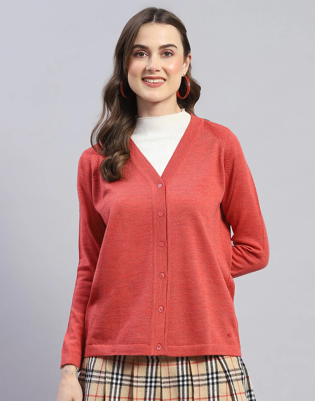 Women Pink Solid V Neck Full Sleeve Cardigan - Image 2