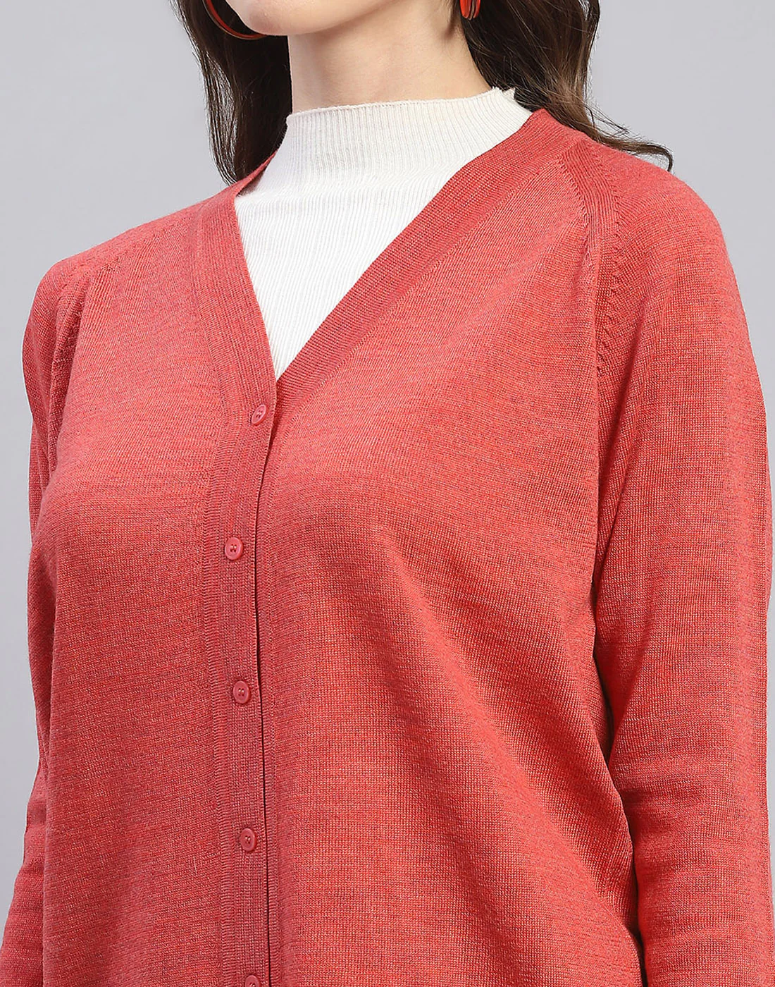 Women Pink Solid V Neck Full Sleeve Cardigan - Image 6