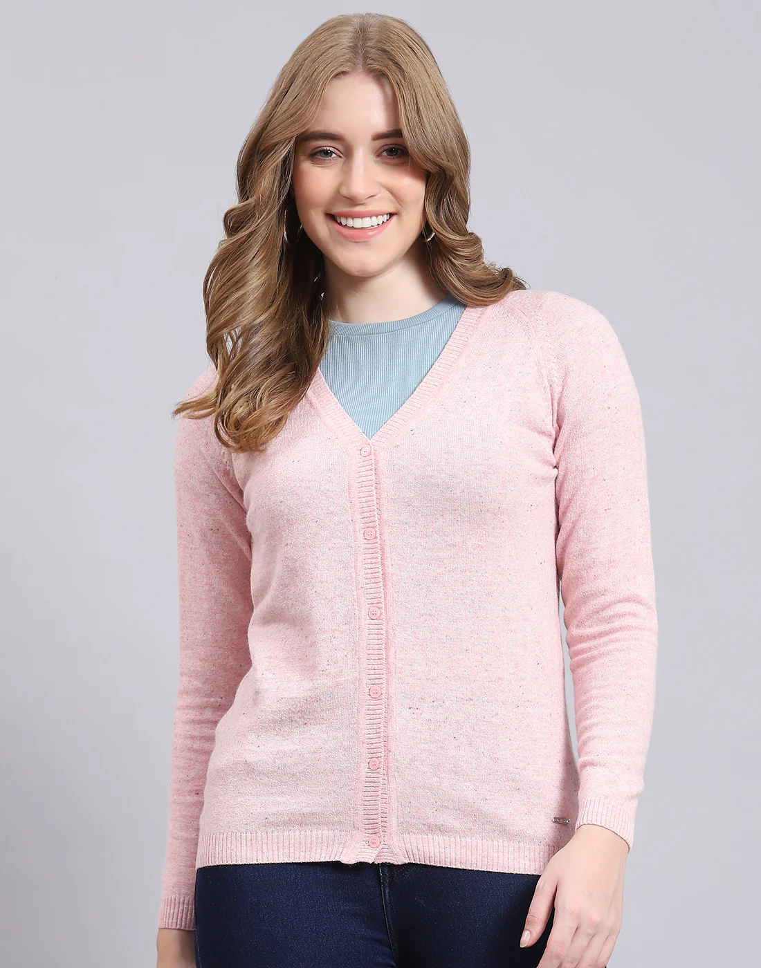Women Pink Solid V Neck Full Sleeve Cardigan - Image 2