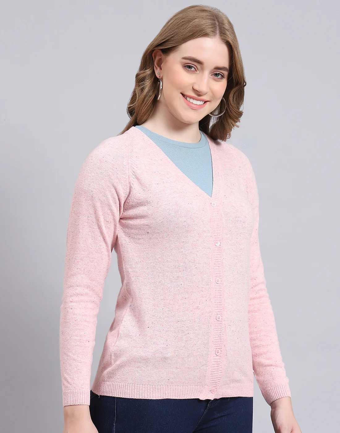 Women Pink Solid V Neck Full Sleeve Cardigan - Image 4