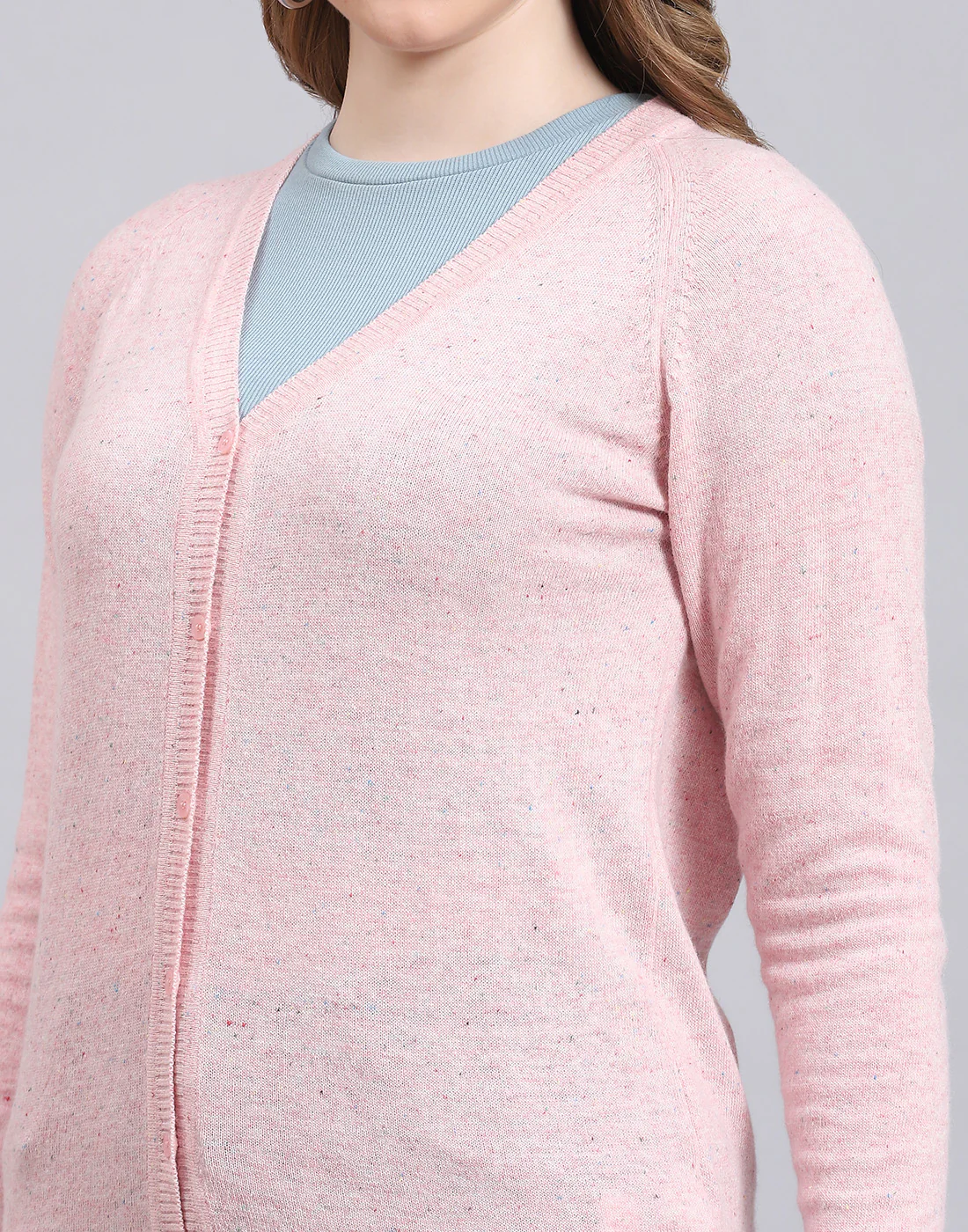 Women Pink Solid V Neck Full Sleeve Cardigan - Image 7