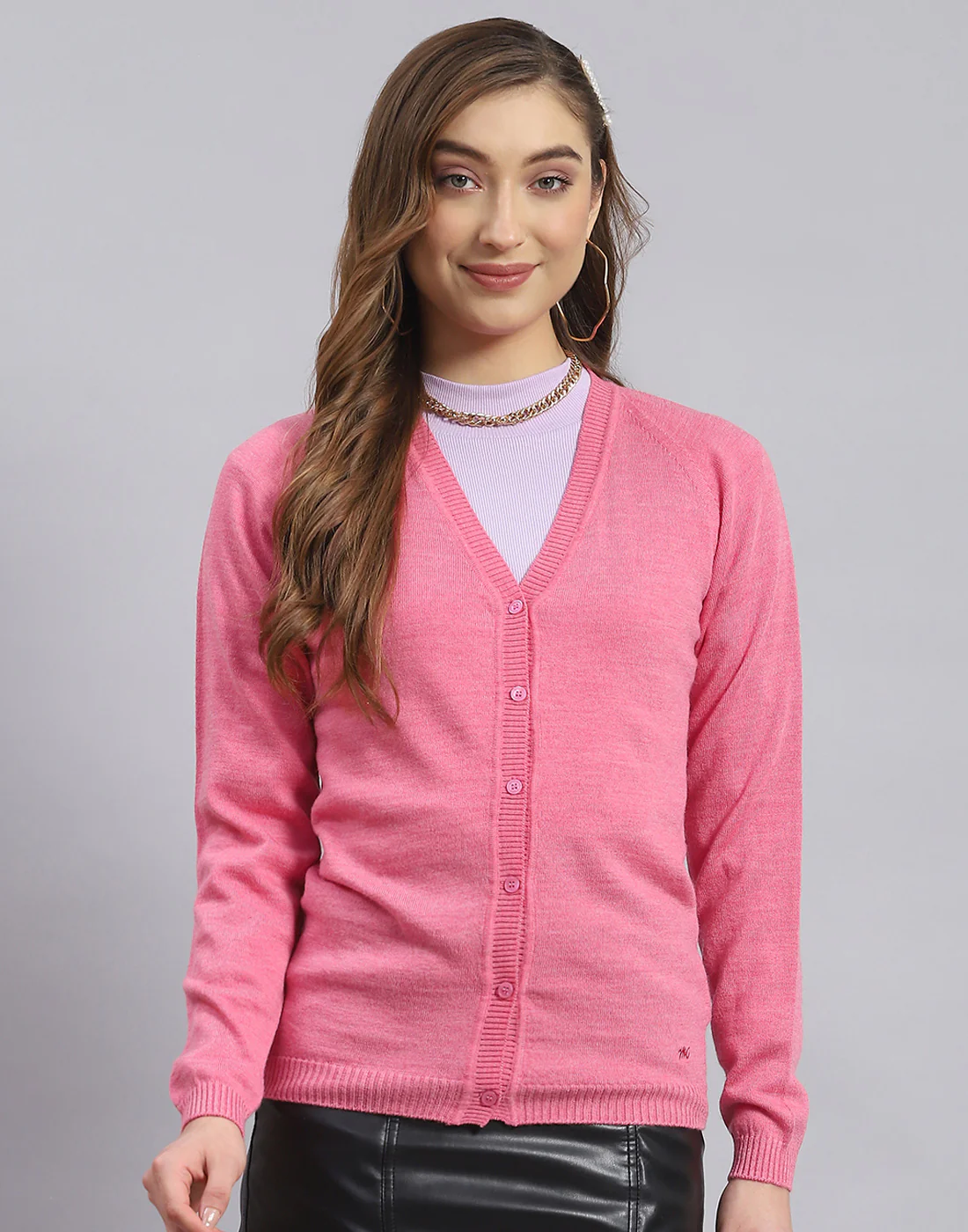 Women Pink Solid V Neck Full Sleeve Cardigan - Image 2