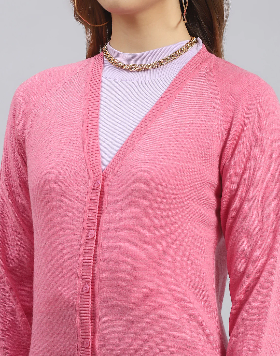 Women Pink Solid V Neck Full Sleeve Cardigan - Image 6