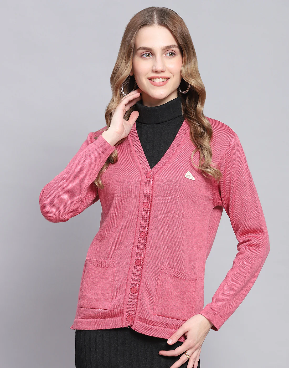 Women Pink Solid V Neck Full Sleeve Cardigan - Image 2