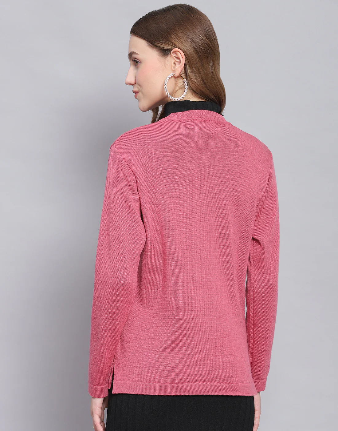 Women Pink Solid V Neck Full Sleeve Cardigan - Image 5