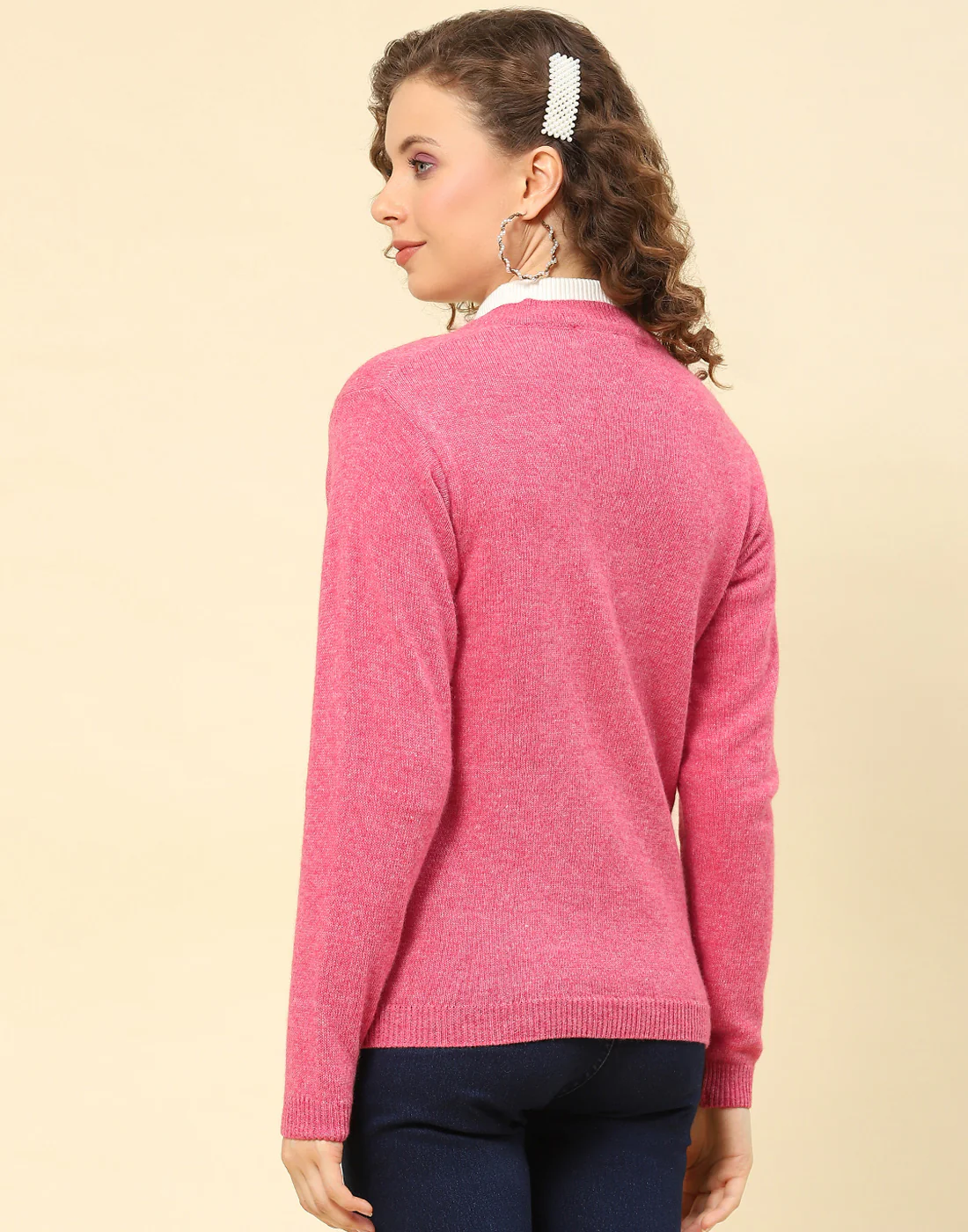 Women Pink Solid V Neck Full Sleeve Cardigan - Image 5