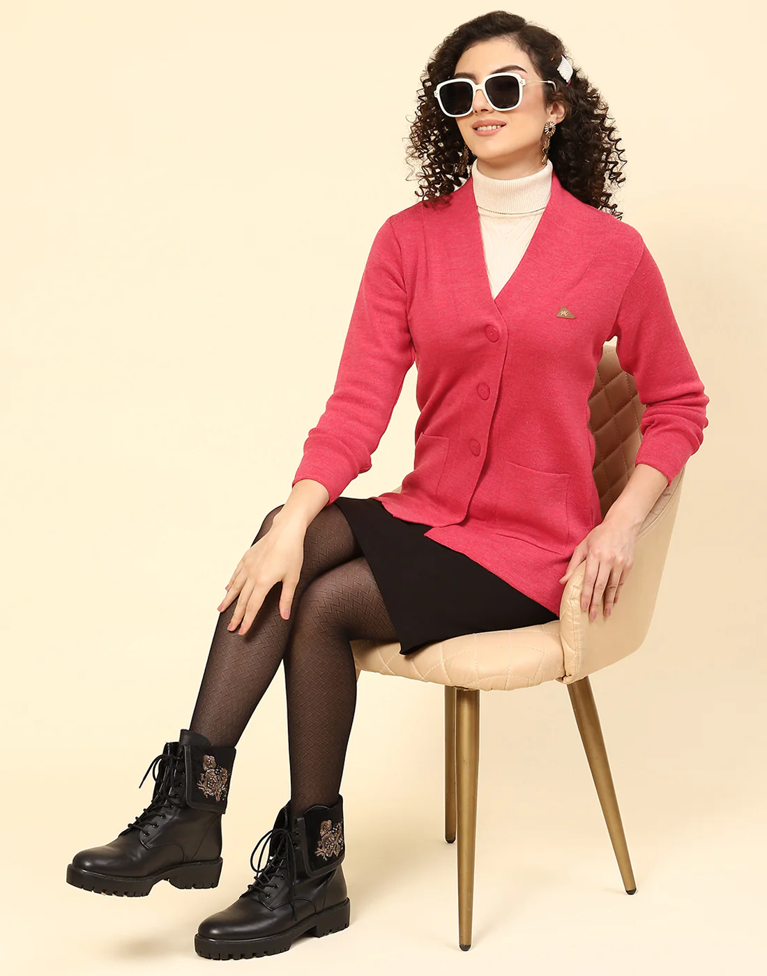 Women Pink Solid V Neck Full Sleeve Cardigan
