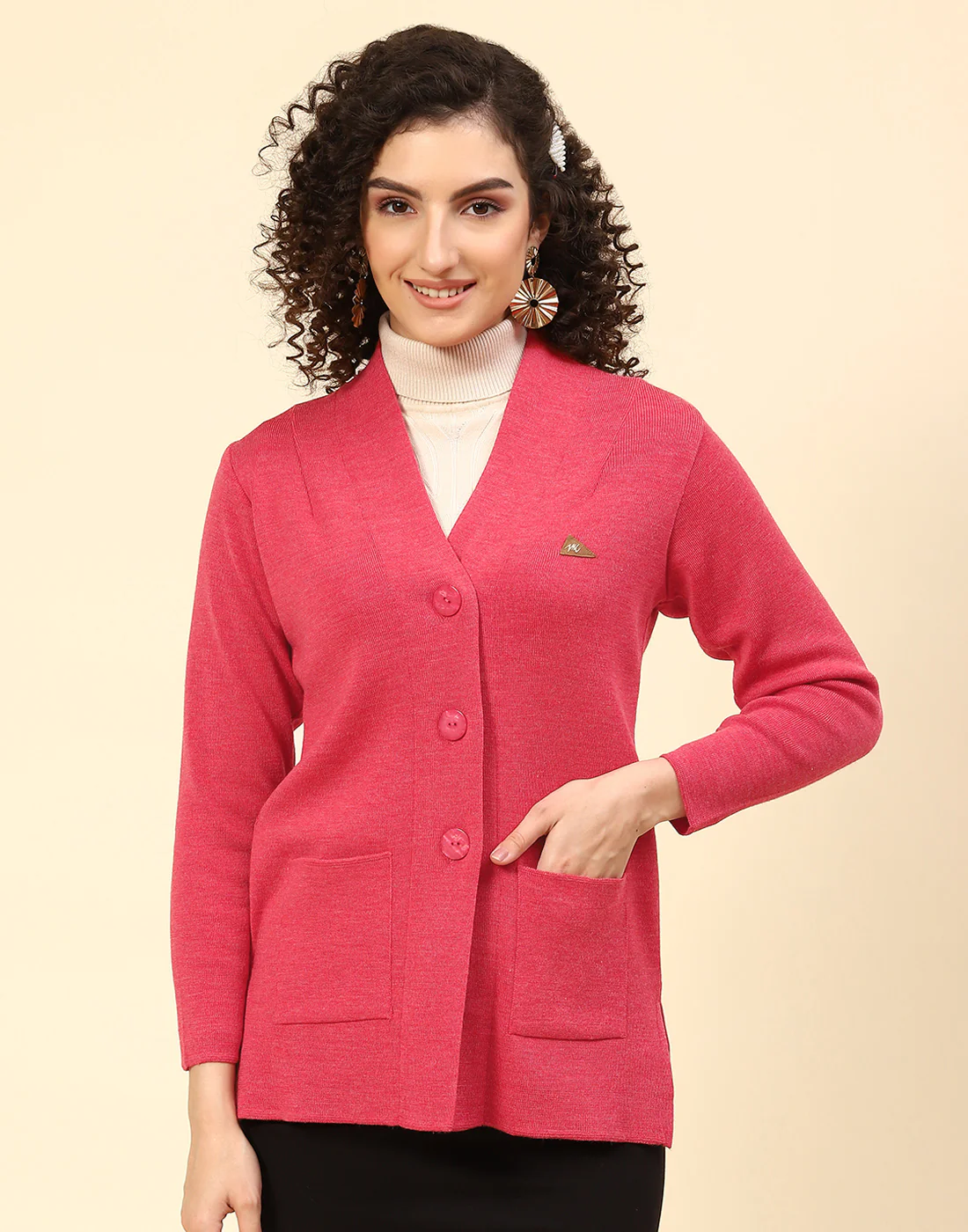 Women Pink Solid V Neck Full Sleeve Cardigan - Image 2