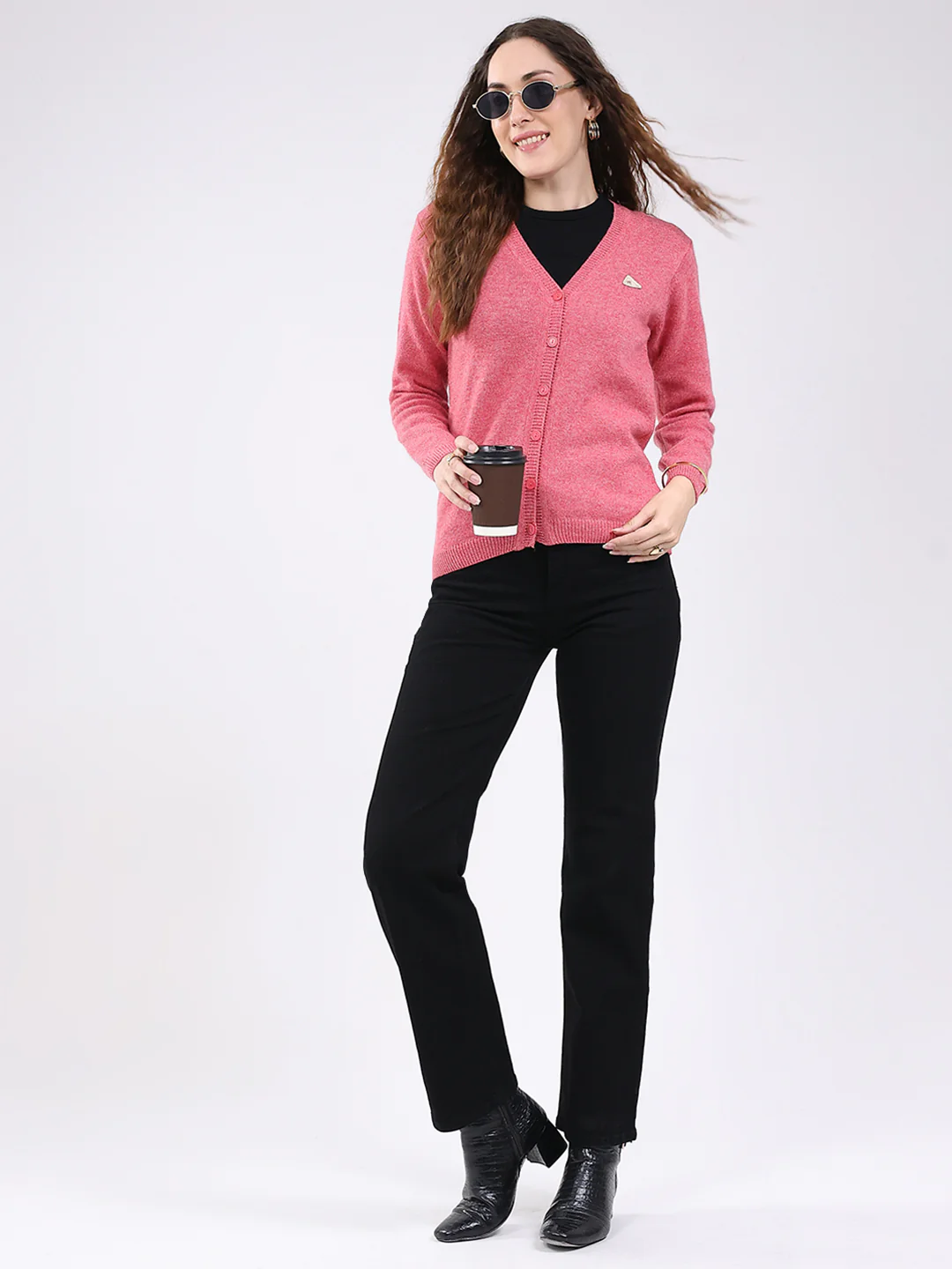 Women Pink Solid V Neck Full Sleeve Cardigan - Image 2