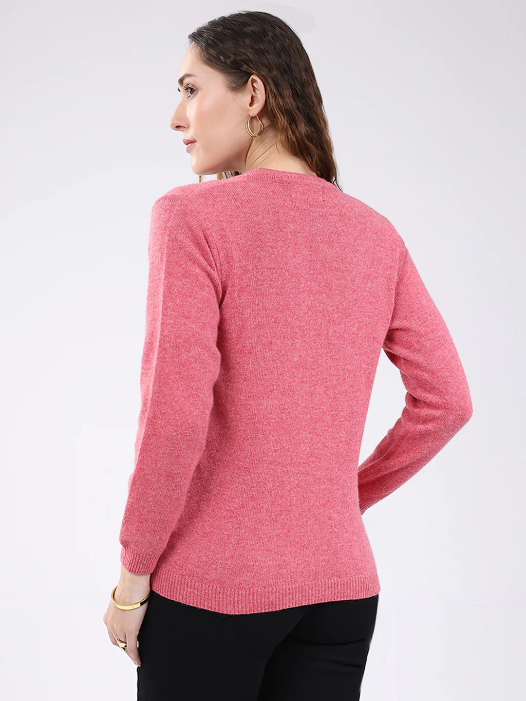 Women Pink Solid V Neck Full Sleeve Cardigan - Image 5