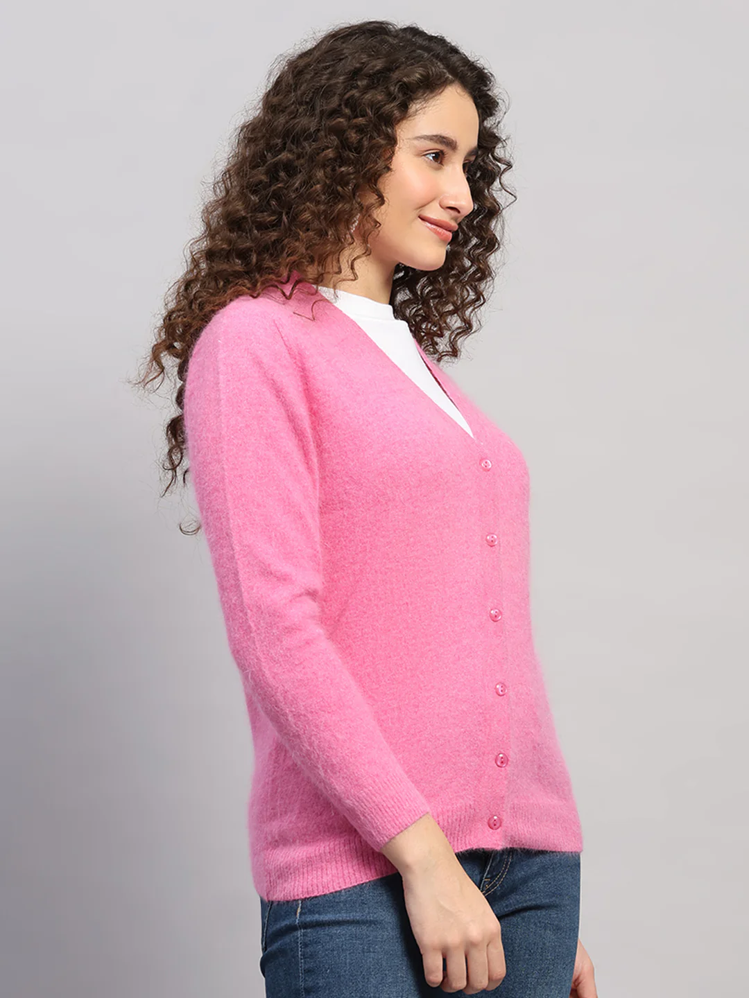 Women Pink Solid V Neck Full Sleeve Cardigan - Image 4