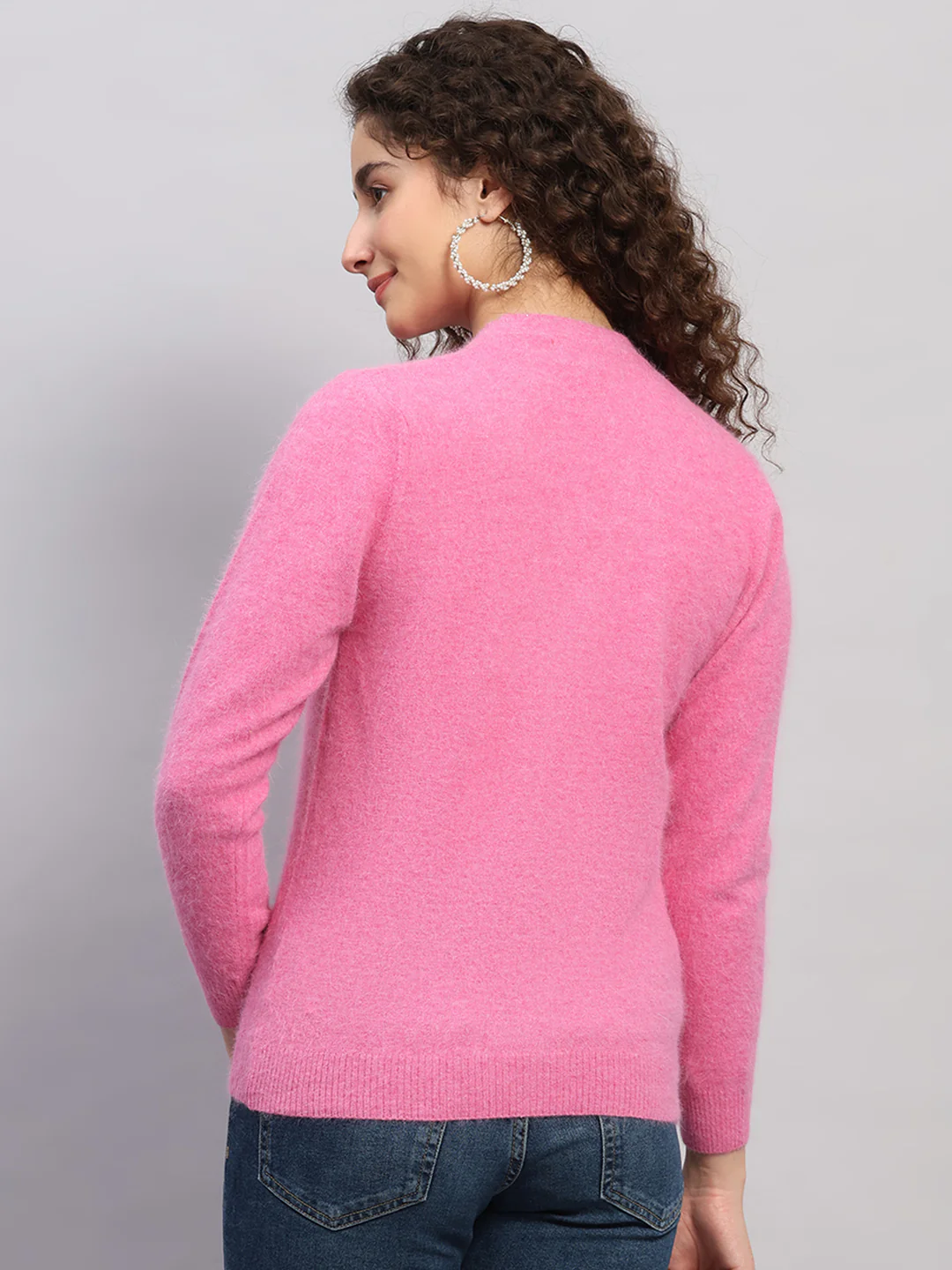 Women Pink Solid V Neck Full Sleeve Cardigan - Image 5