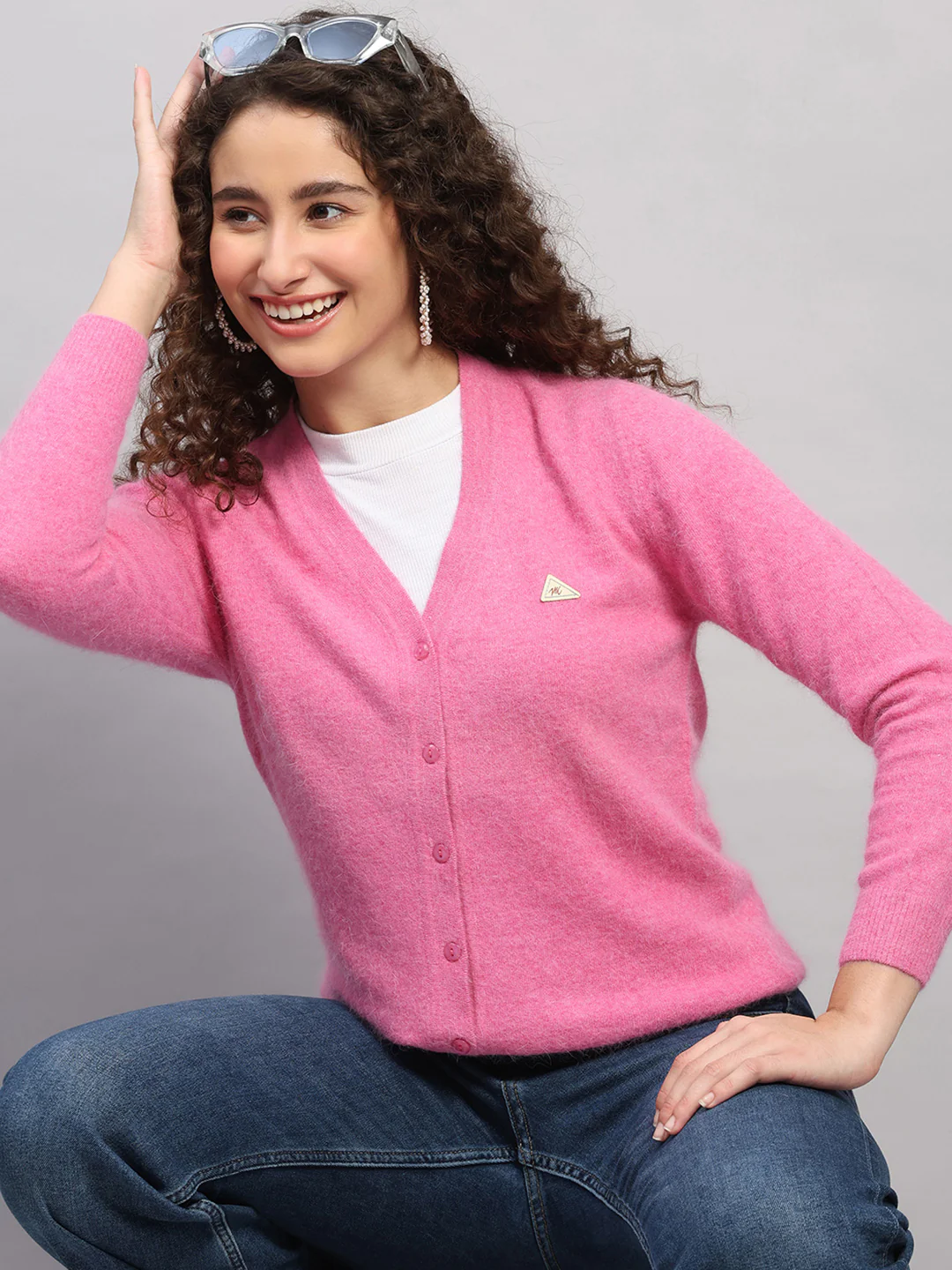 Women Pink Solid V Neck Full Sleeve Cardigan - Image 6