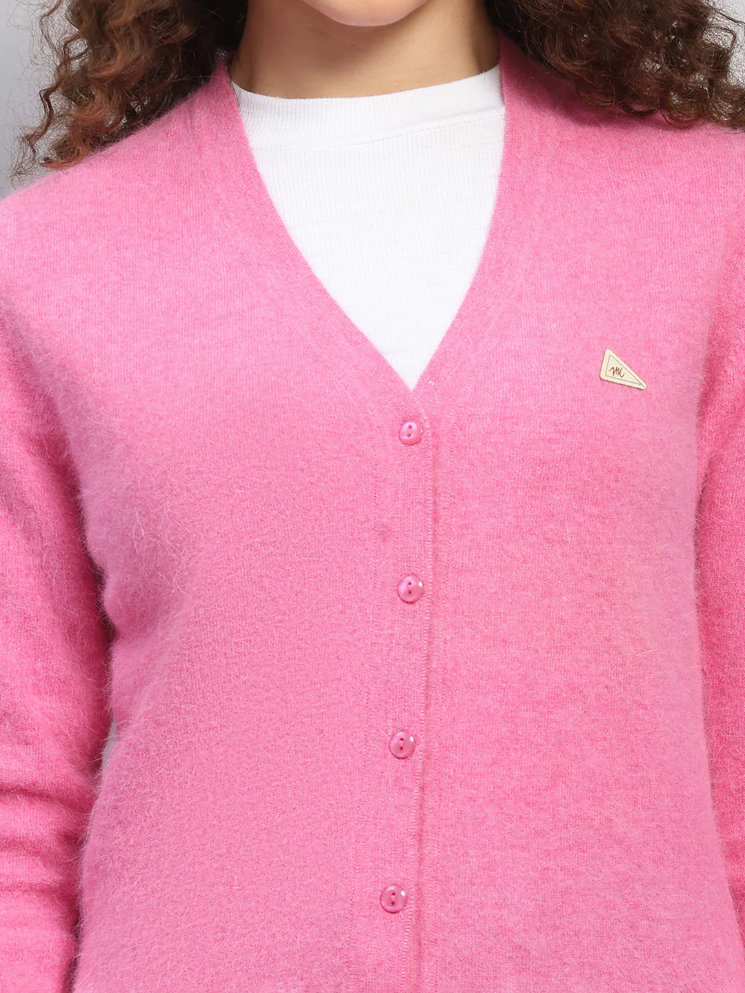 Women Pink Solid V Neck Full Sleeve Cardigan - Image 7