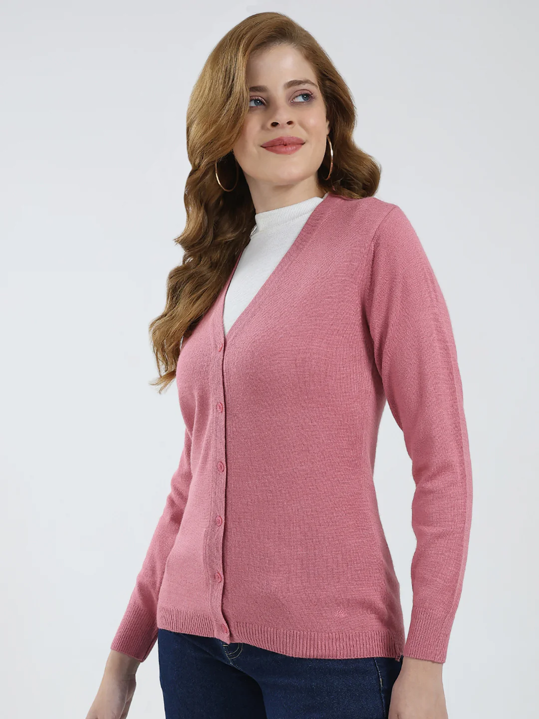 Women Pink Solid V Neck Full Sleeve Cardigan - Image 3