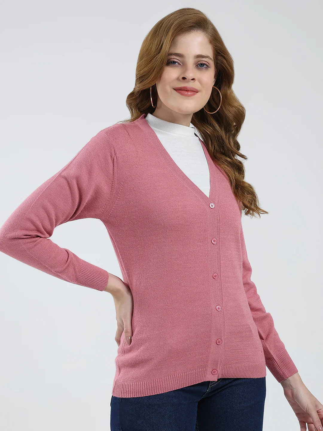 Women Pink Solid V Neck Full Sleeve Cardigan - Image 4