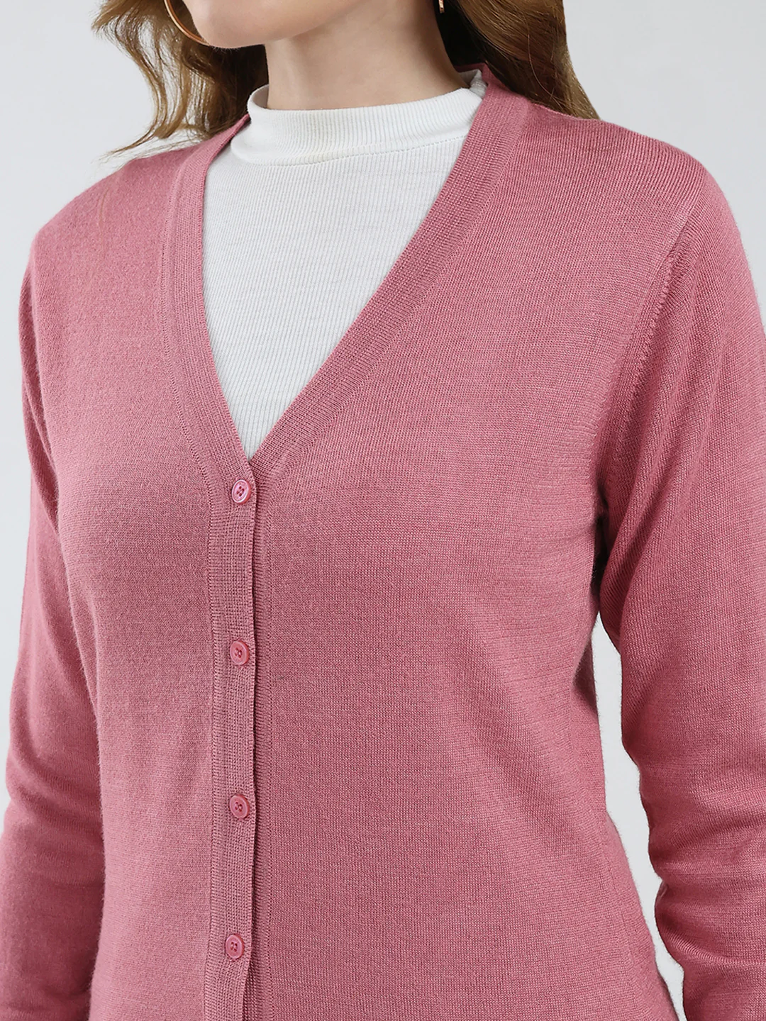 Women Pink Solid V Neck Full Sleeve Cardigan - Image 7