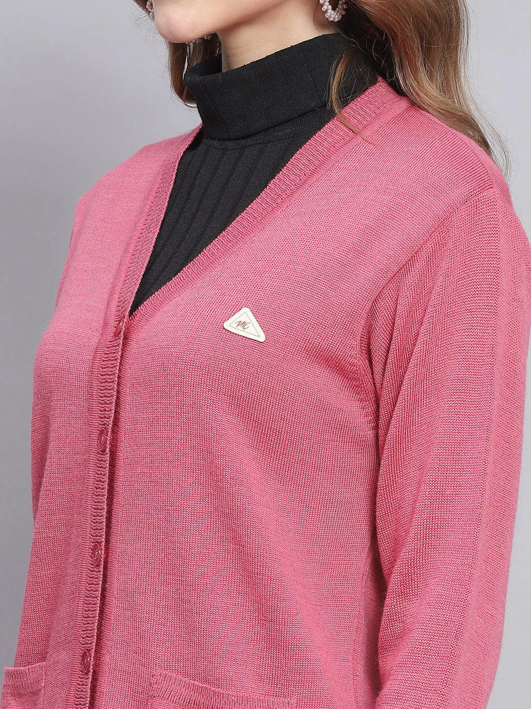 Women Pink Solid V Neck Full Sleeve Cardigans - Image 6