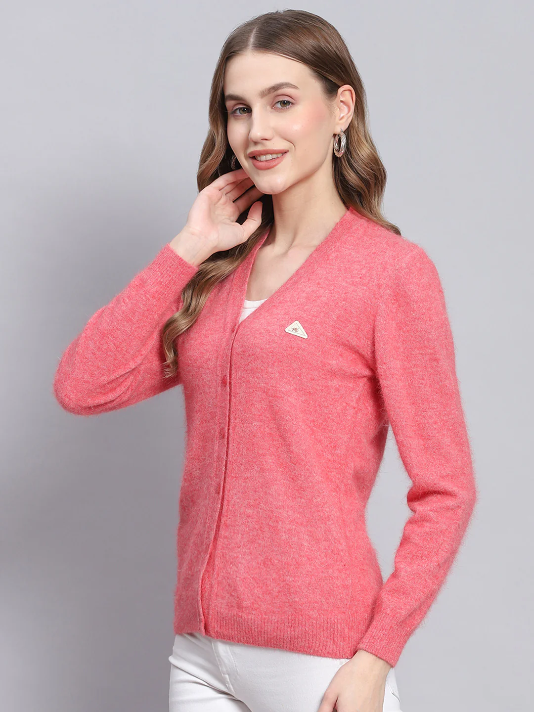 Women Pink Solid V Neck Full Sleeve Cardigans - Image 3