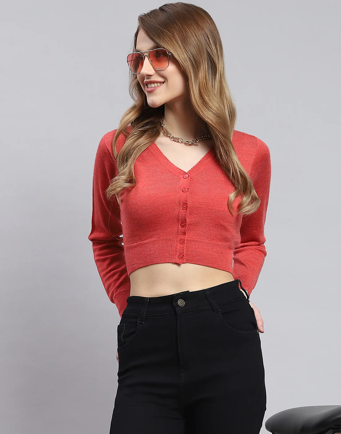 Women Pink Solid V Neck Full Sleeve Sweater - Image 3