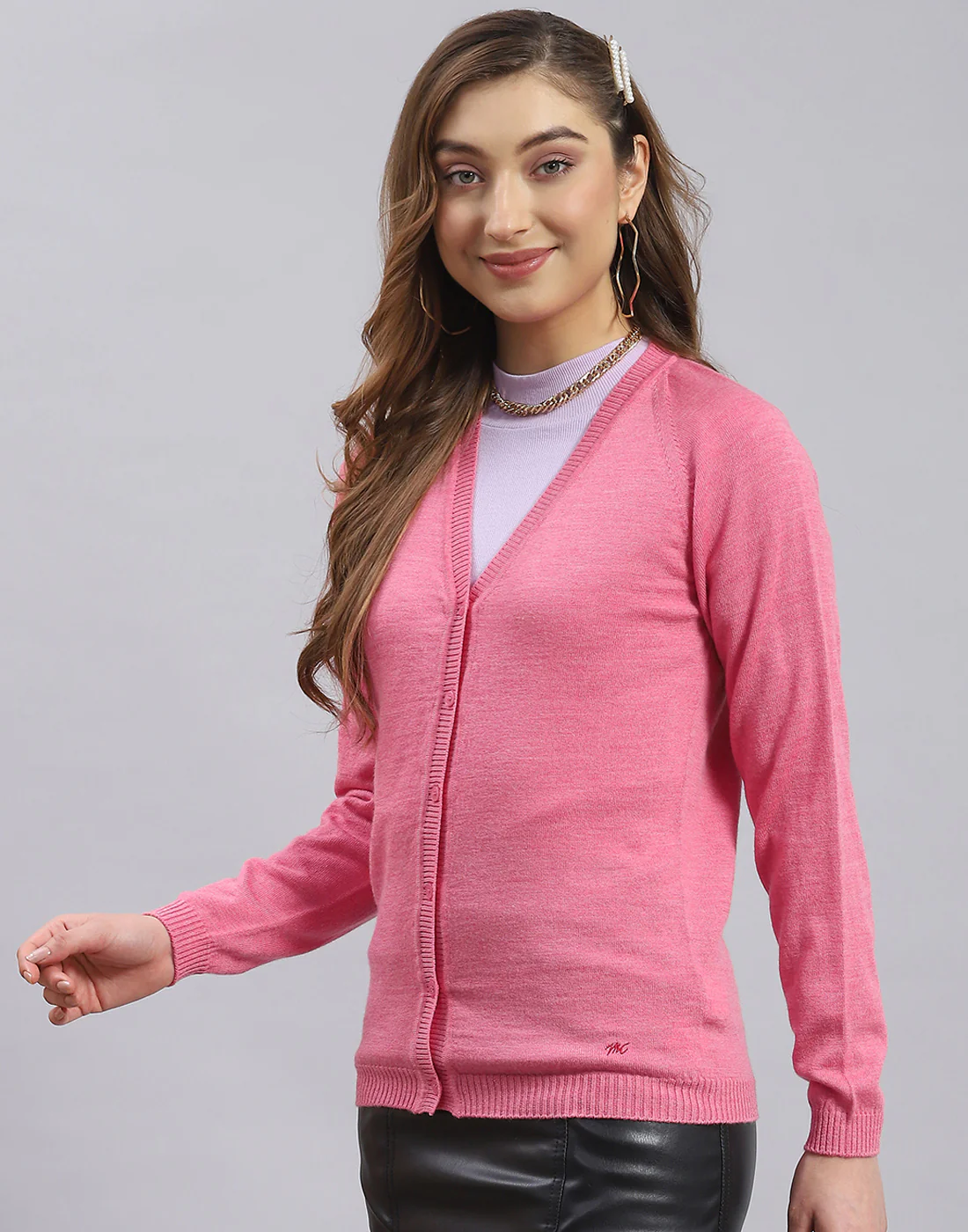 Women Pink Solid V Neck Full Sleeve Sweater - Image 3