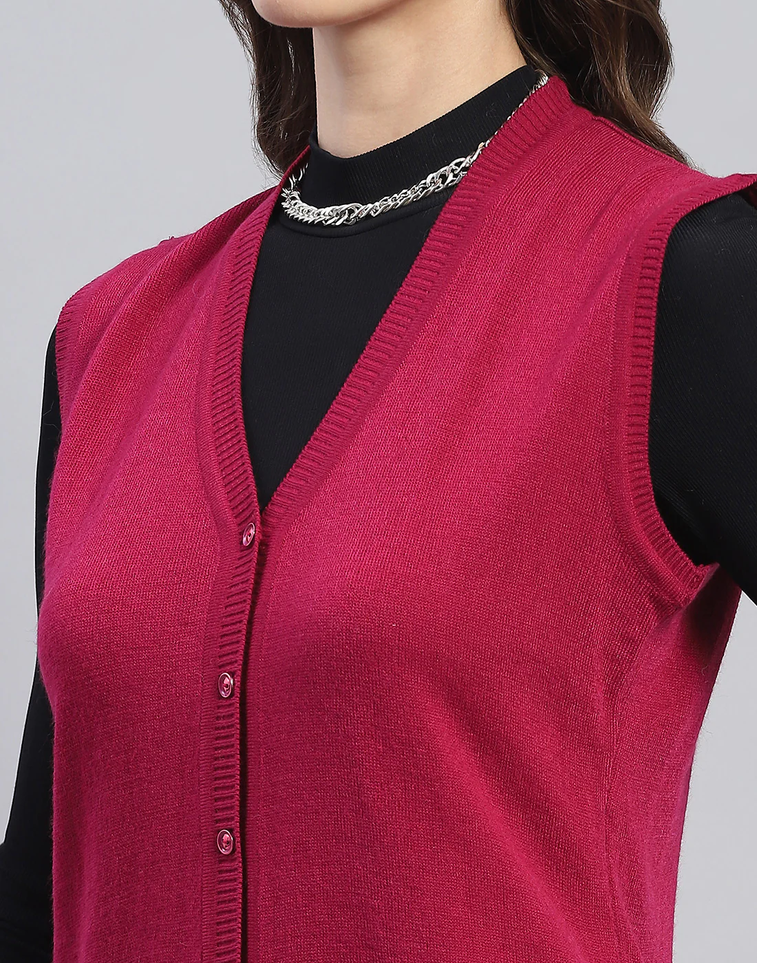 Women Pink Solid V Neck Sleeveless Cardigan - Image 7