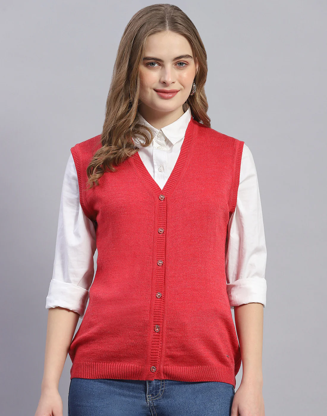 Women Pink Solid V Neck Sleeveless Cardigan - Image 2
