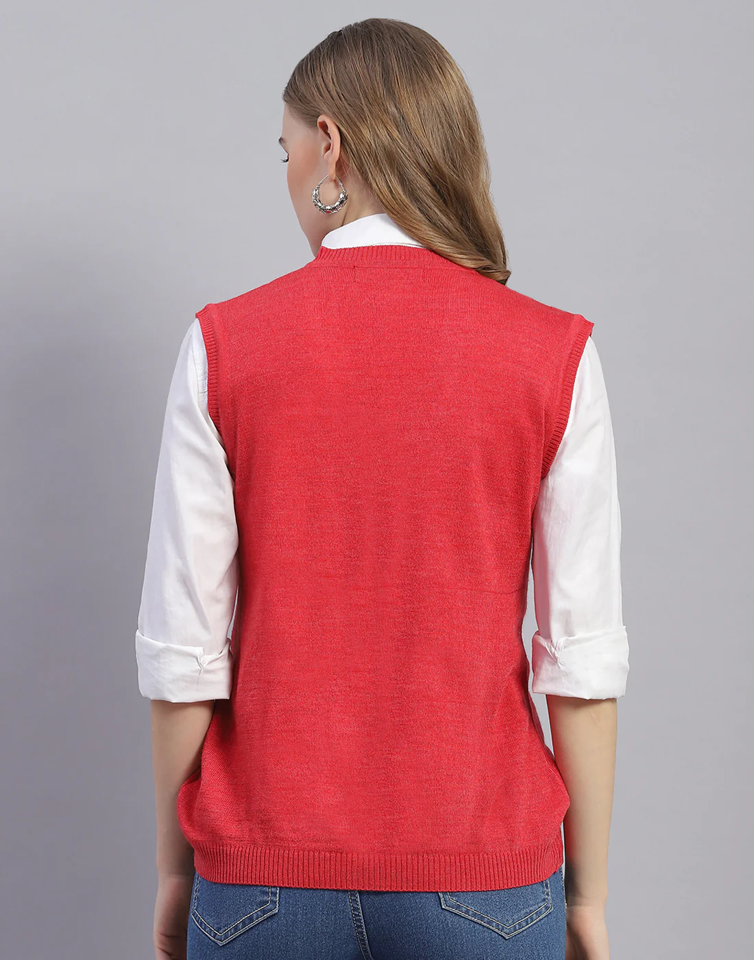 Women Pink Solid V Neck Sleeveless Cardigan - Image 5