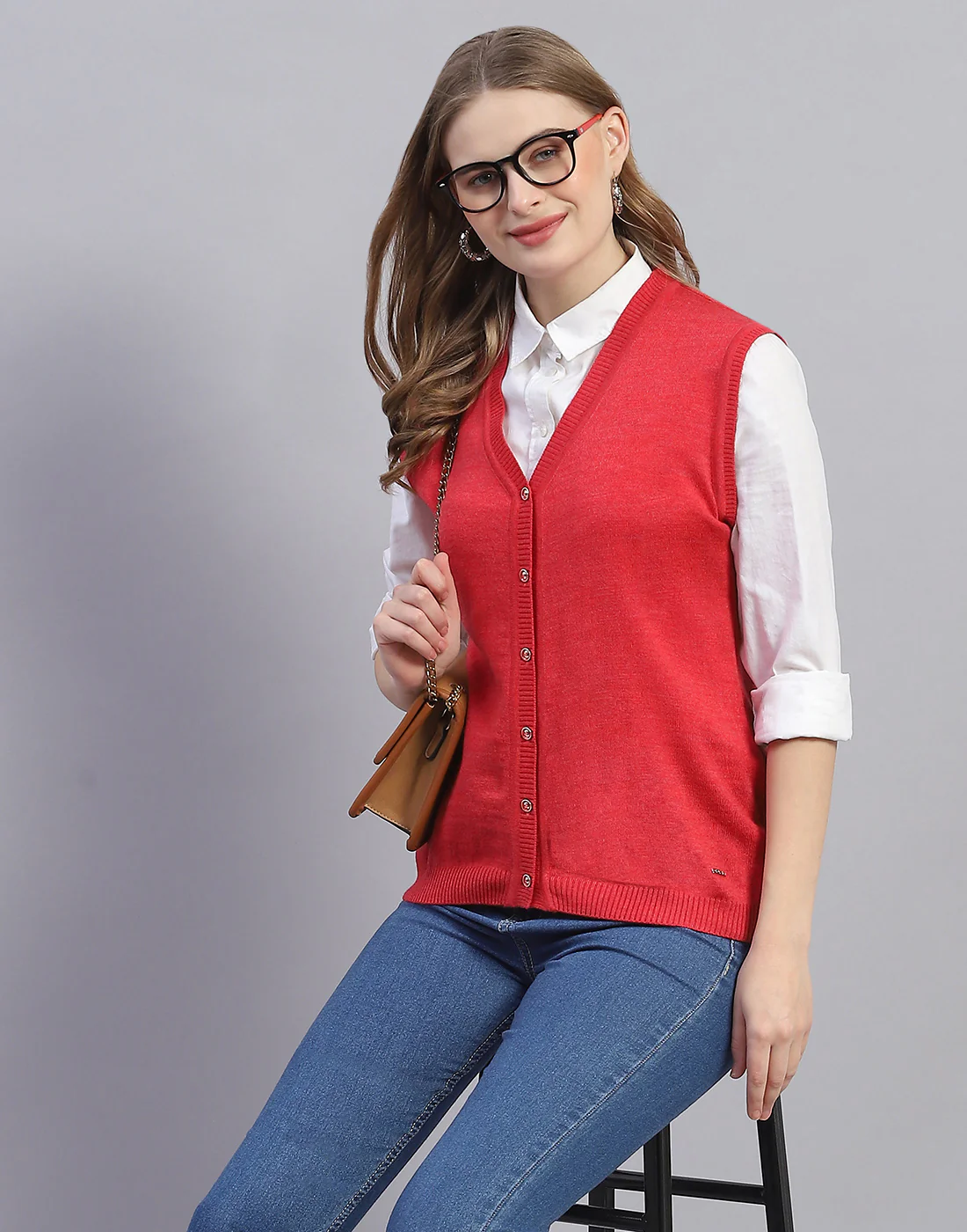 Women Pink Solid V Neck Sleeveless Cardigan - Image 6