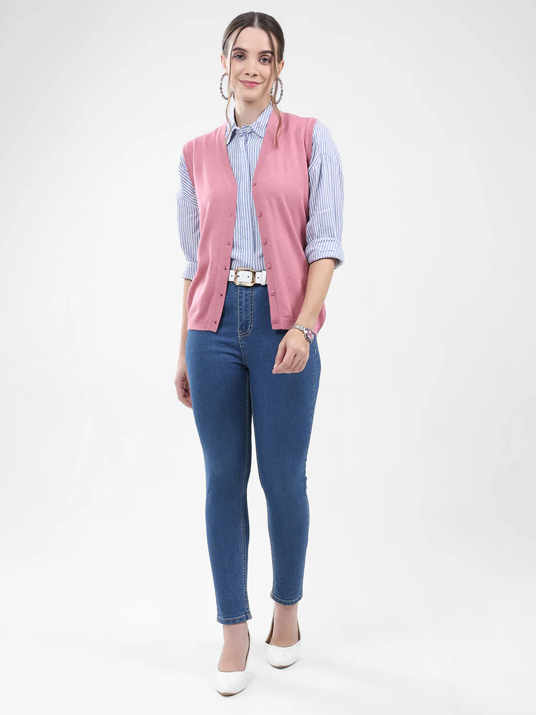 Women Pink Solid V Neck Sleeveless Cardigan - Image 2