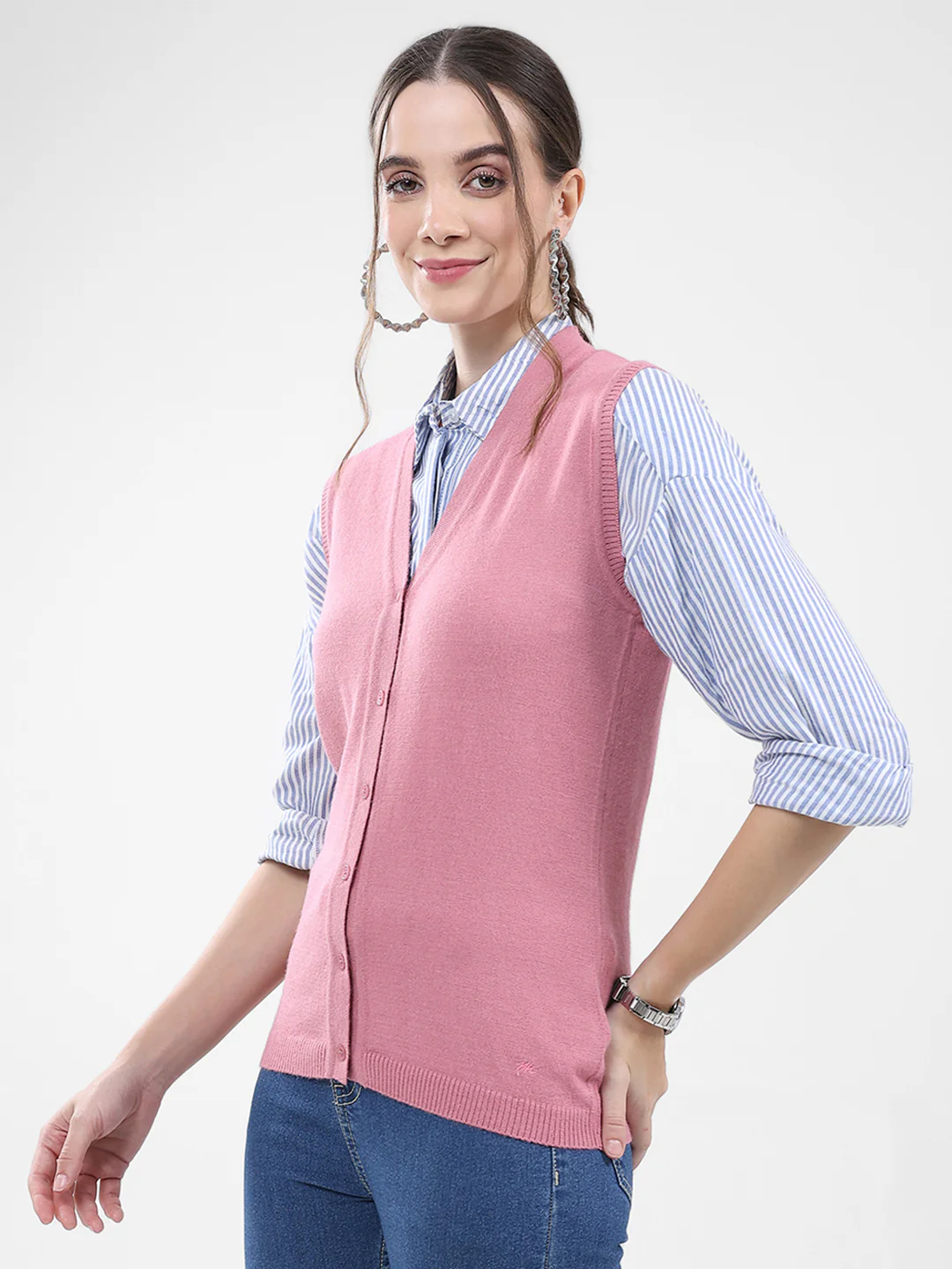 Women Pink Solid V Neck Sleeveless Cardigan - Image 3