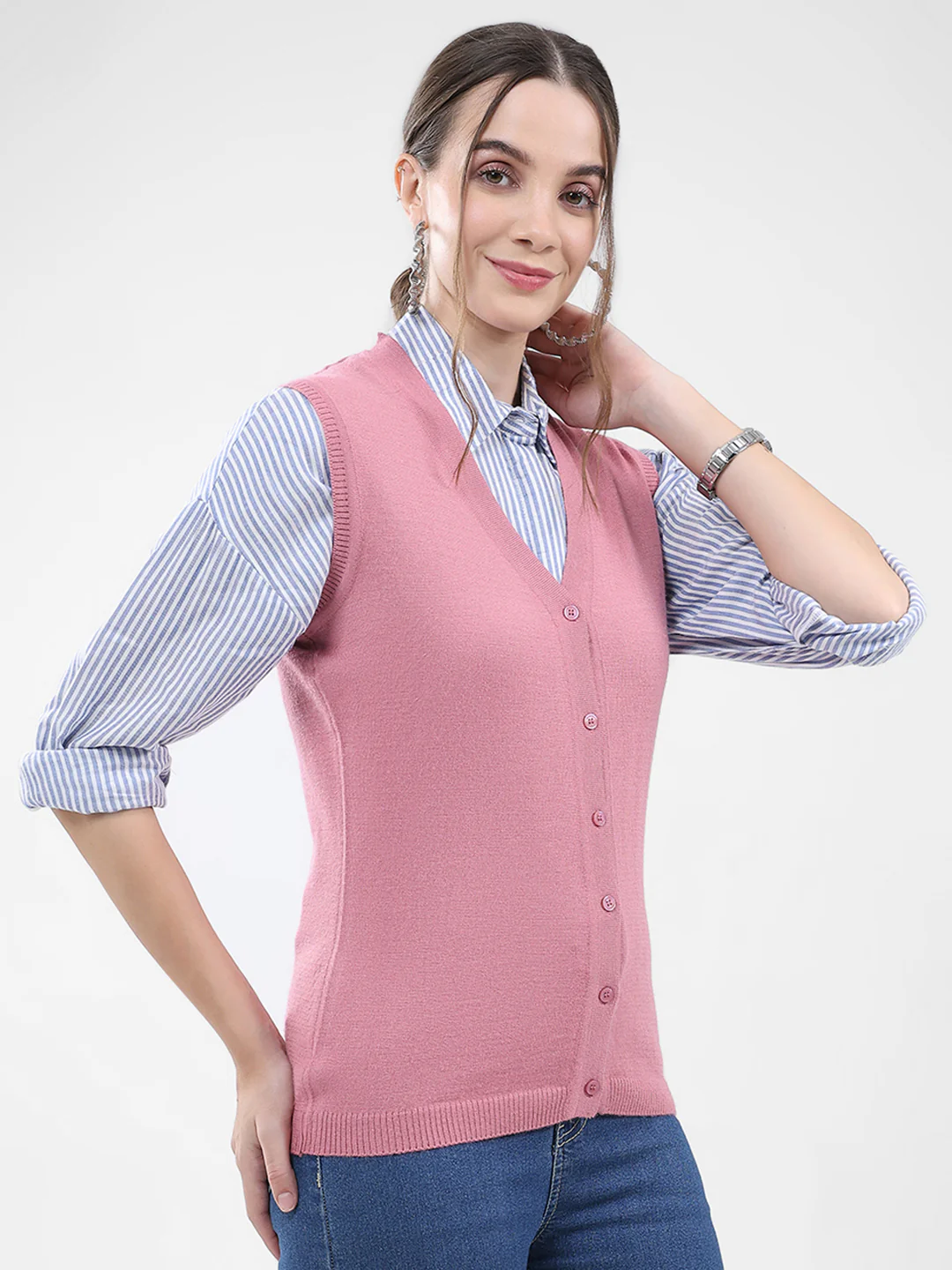 Women Pink Solid V Neck Sleeveless Cardigan - Image 4