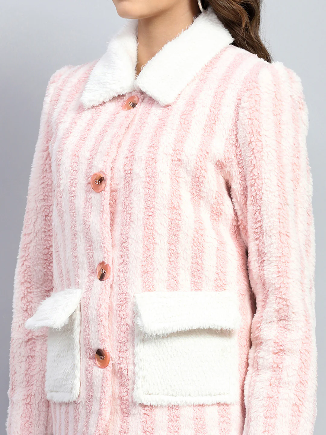 Women Pink Stripe Collar Full Sleeve Jacket - Image 6