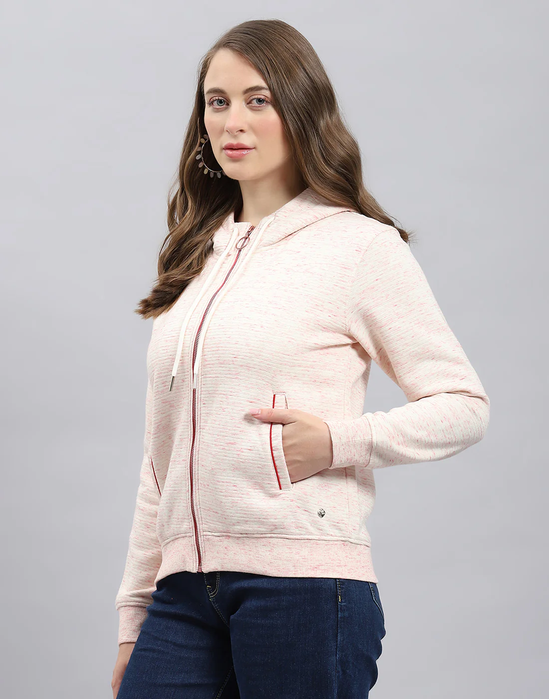 Women Pink Stripe Hooded Full Sleeve Sweatshirt - Image 3