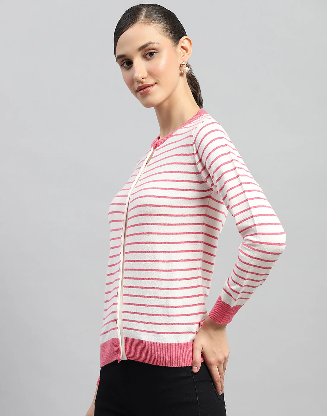 Women Pink Stripe Round Neck Full Sleeve Cardigan - Image 3