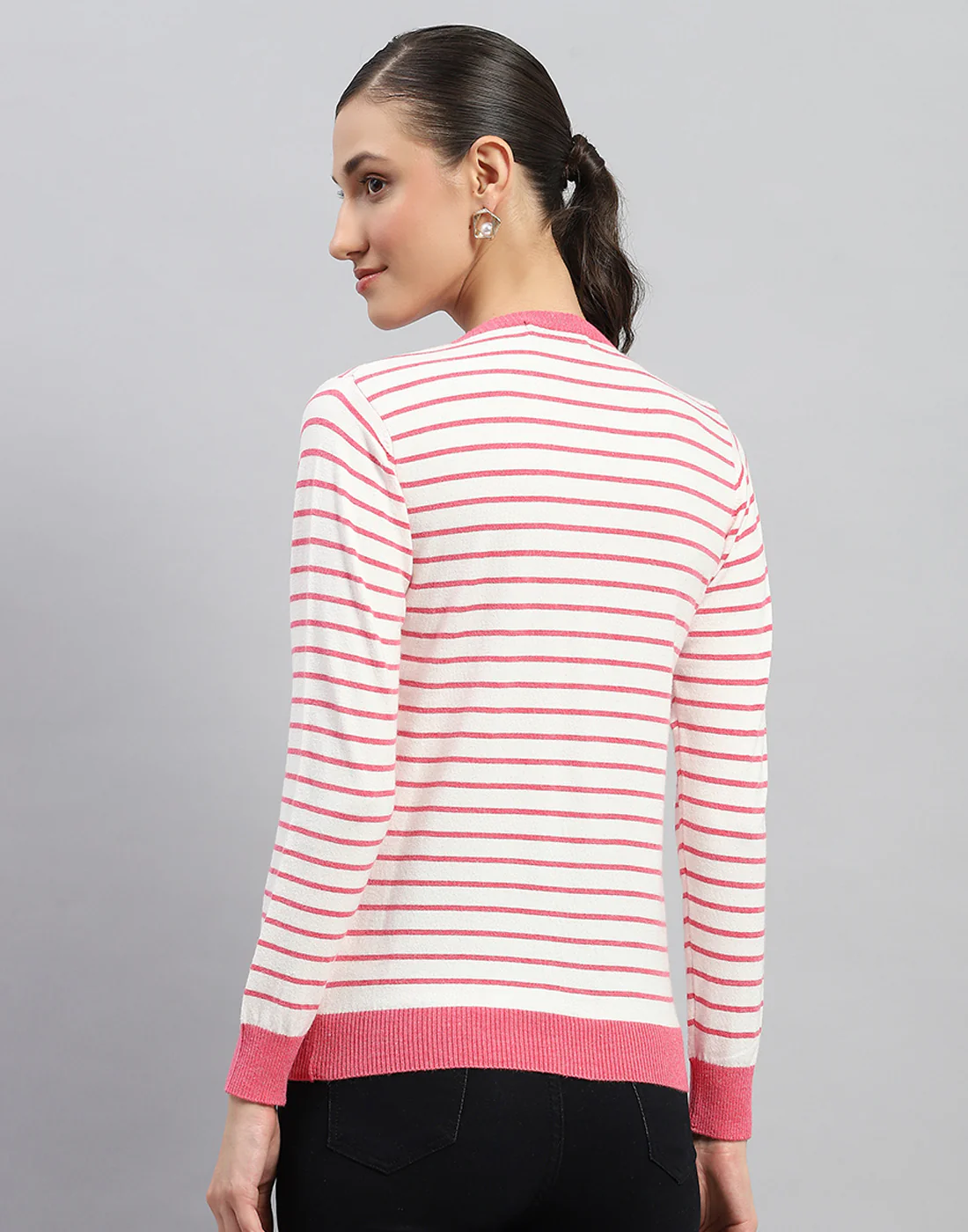 Women Pink Stripe Round Neck Full Sleeve Cardigan - Image 5