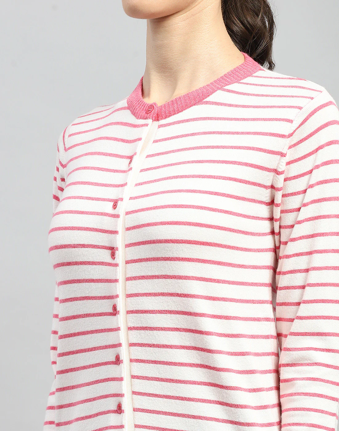 Women Pink Stripe Round Neck Full Sleeve Cardigan - Image 6