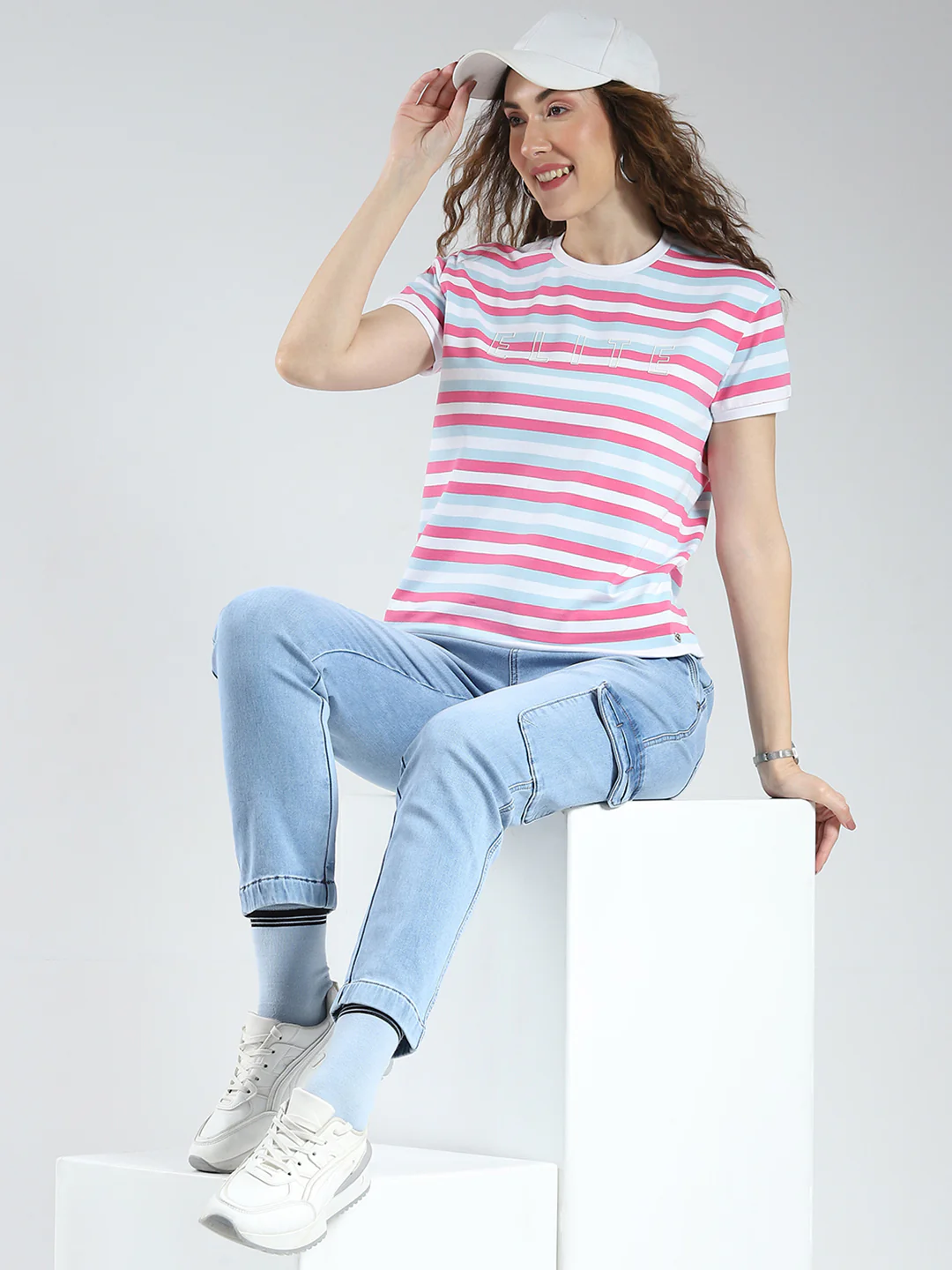 Women Pink Stripe Round Neck Half Sleeve Top - Image 2