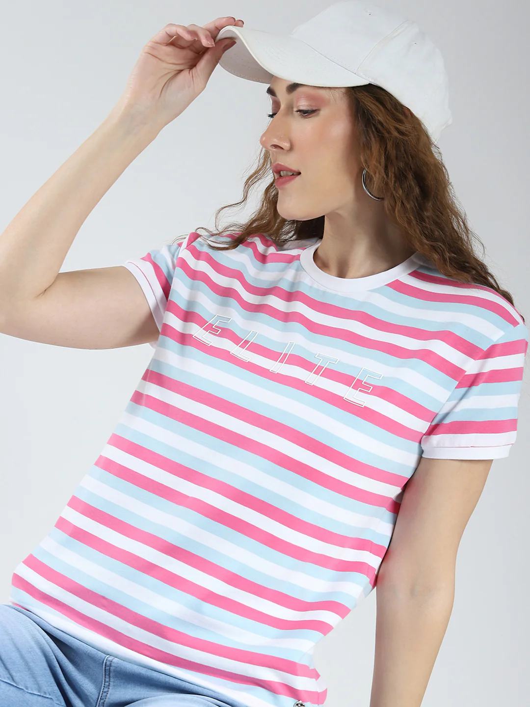 Women Pink Stripe Round Neck Half Sleeve Top - Image 6