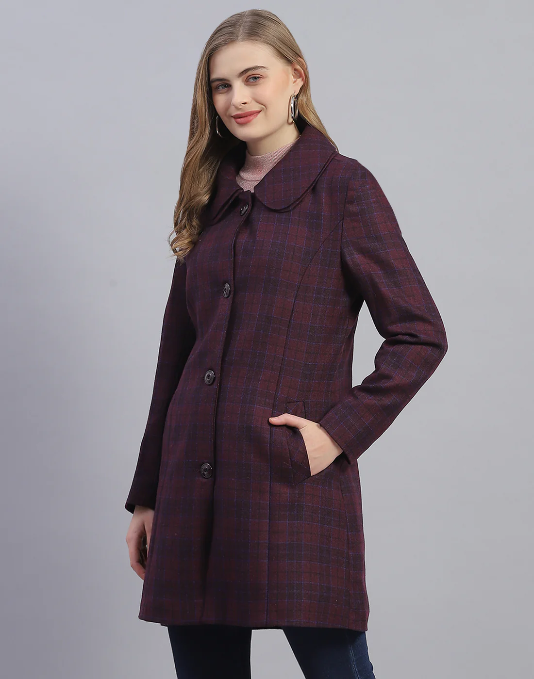Women Purple Check Collar Full Sleeve Coat - Image 3