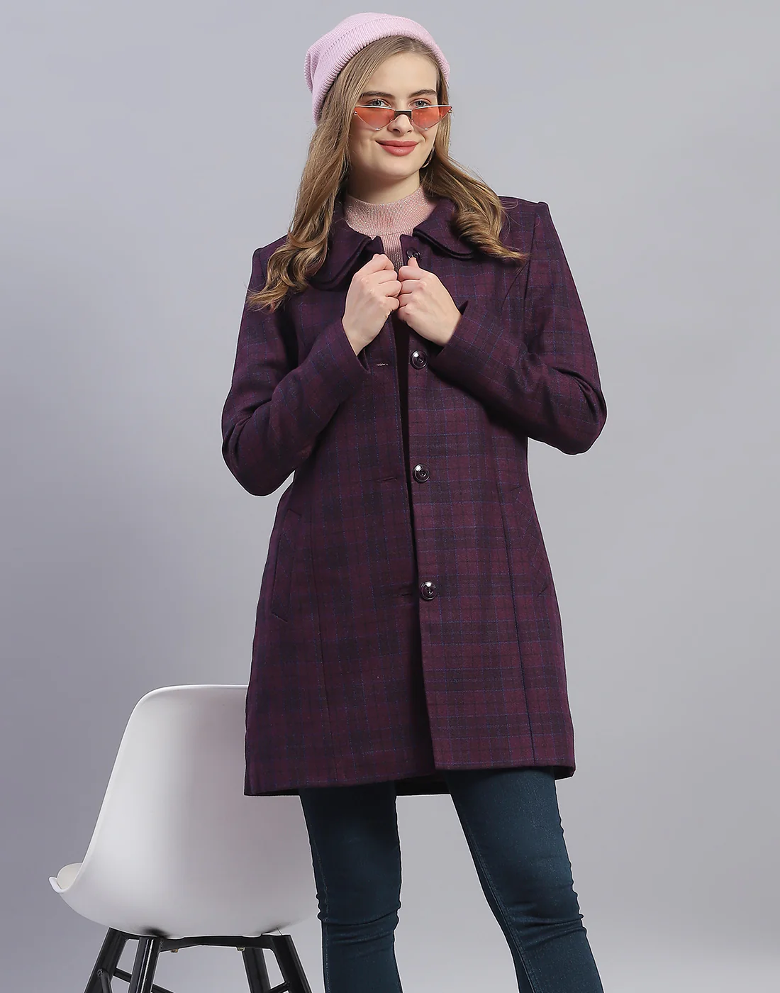 Women Purple Check Collar Full Sleeve Coat - Image 6