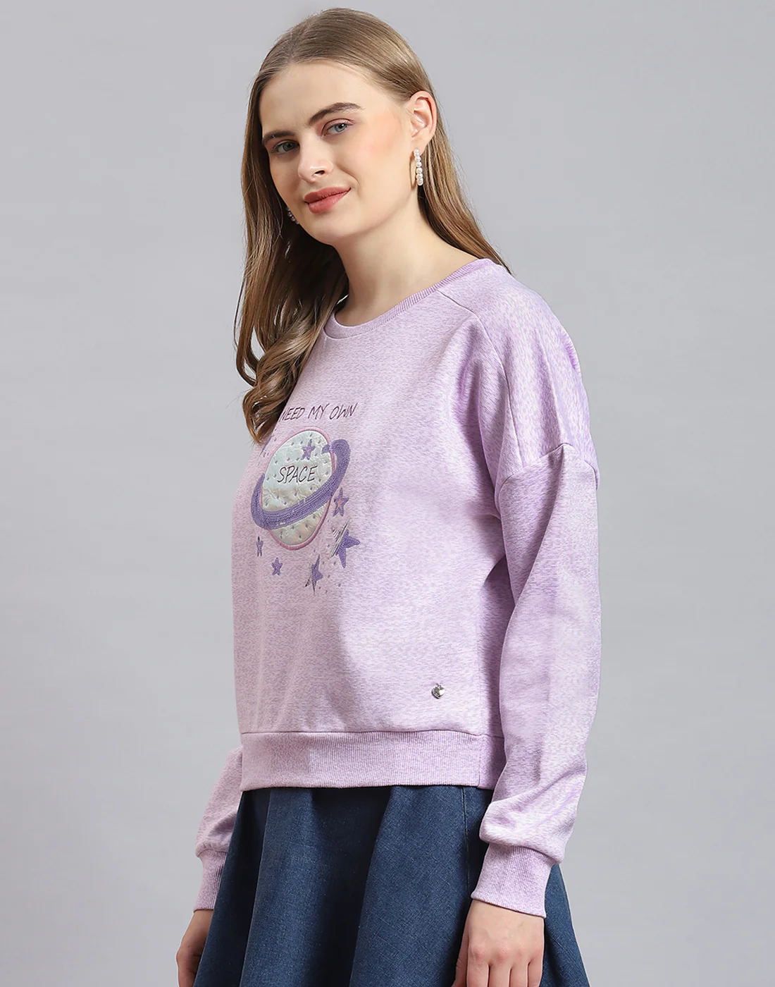 Women Purple Embellished Round Neck Full Sleeve Sweatshirt - Image 4