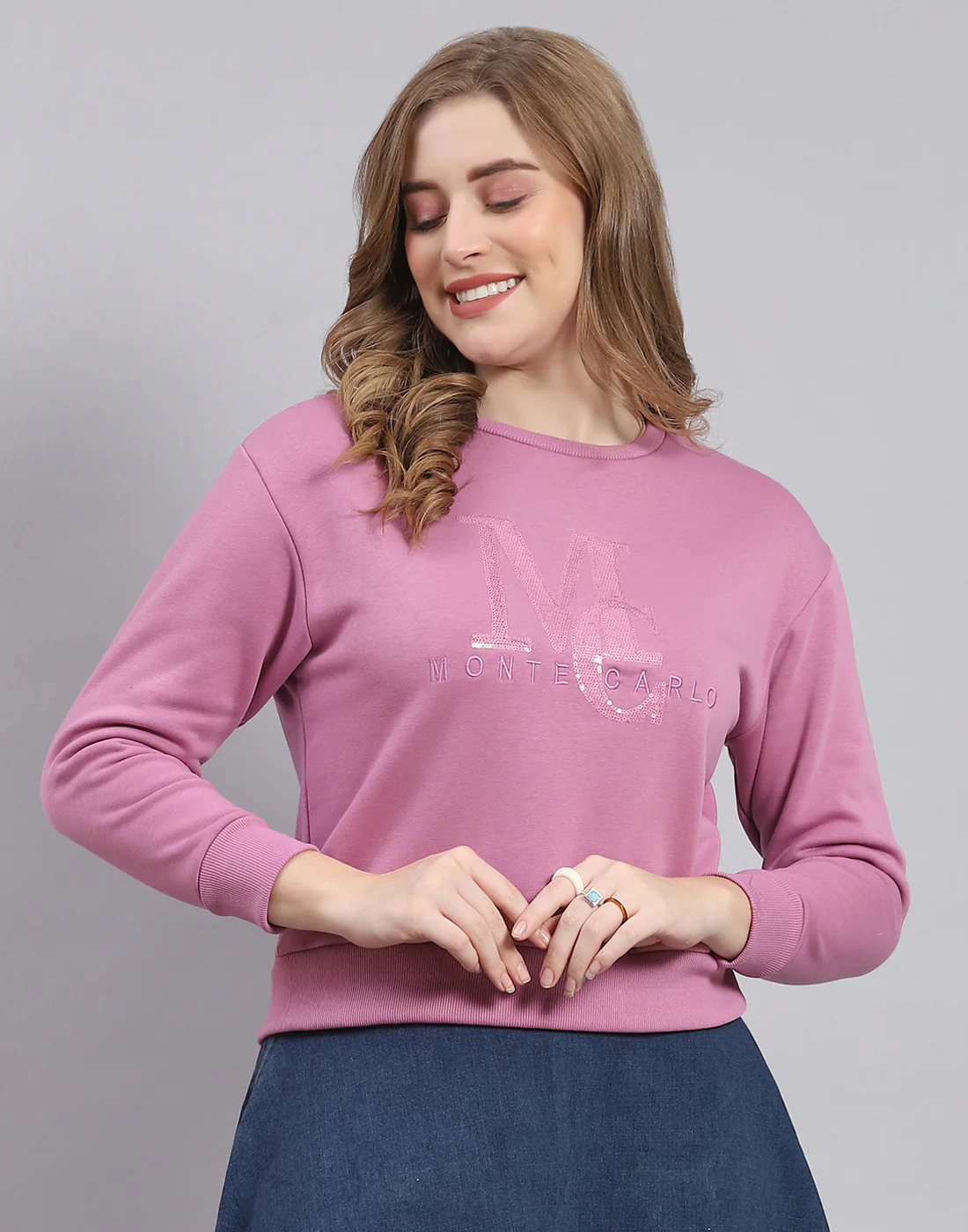 Women Purple Embellished Round Neck Full Sleeve Sweatshirt - Image 2