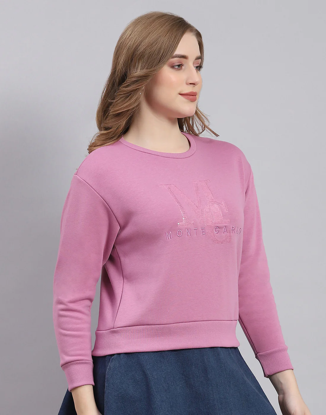 Women Purple Embellished Round Neck Full Sleeve Sweatshirt - Image 4