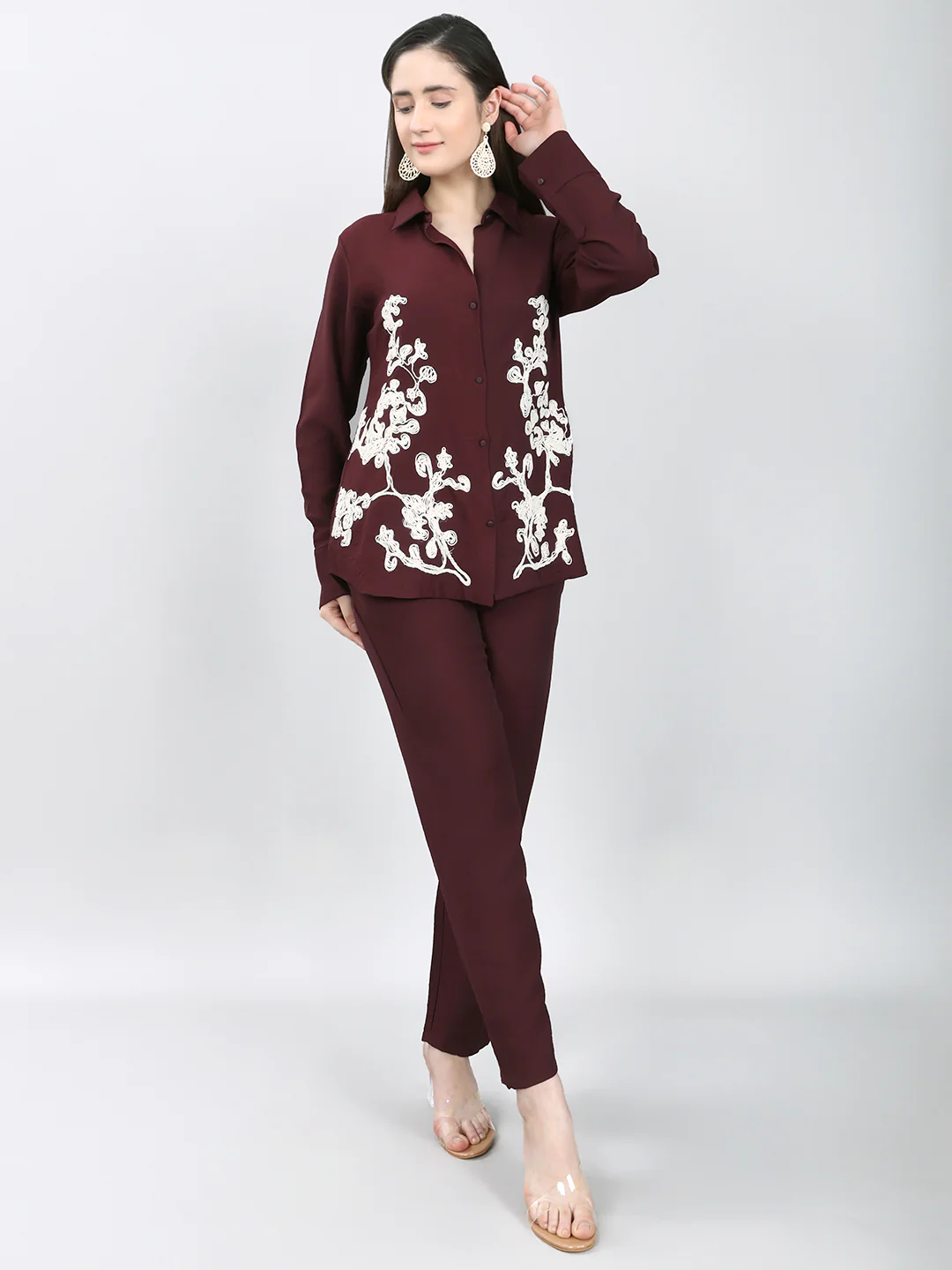Women Purple Embroidered Collar Half Sleeve Cords Set