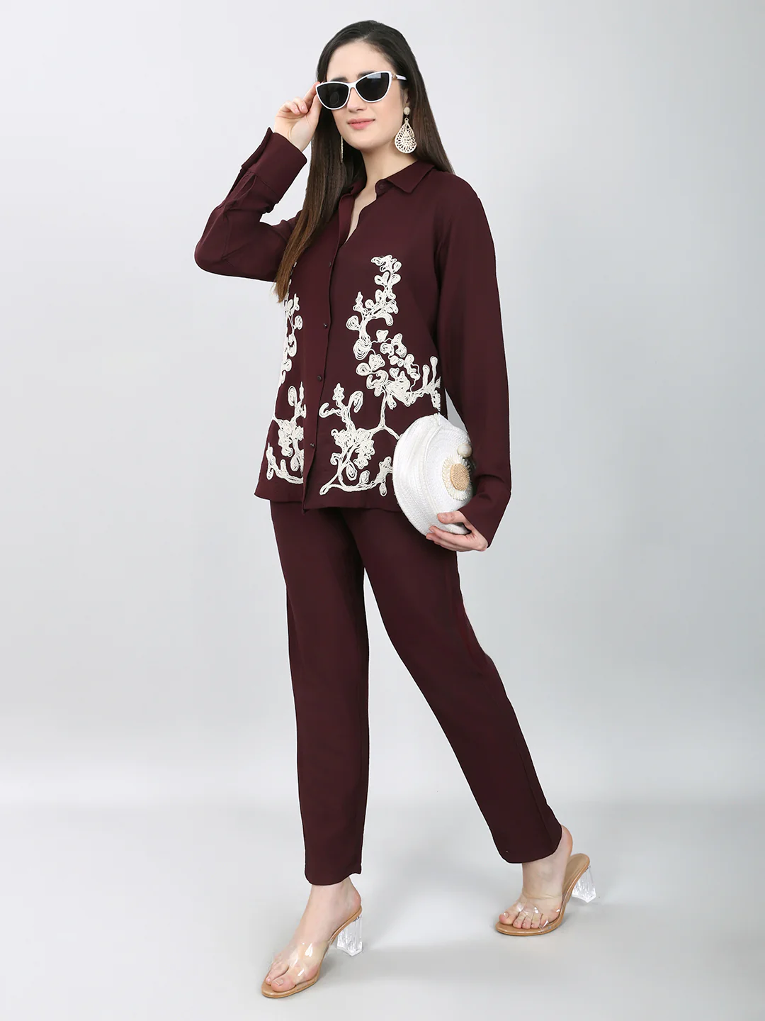Women Purple Embroidered Collar Half Sleeve Cords Set - Image 6