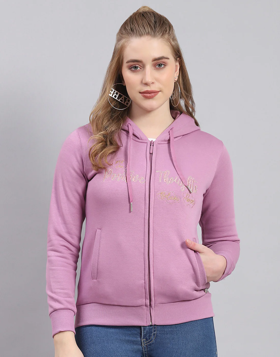 Women Purple Embroidered Hooded Full Sleeve Sweatshirt