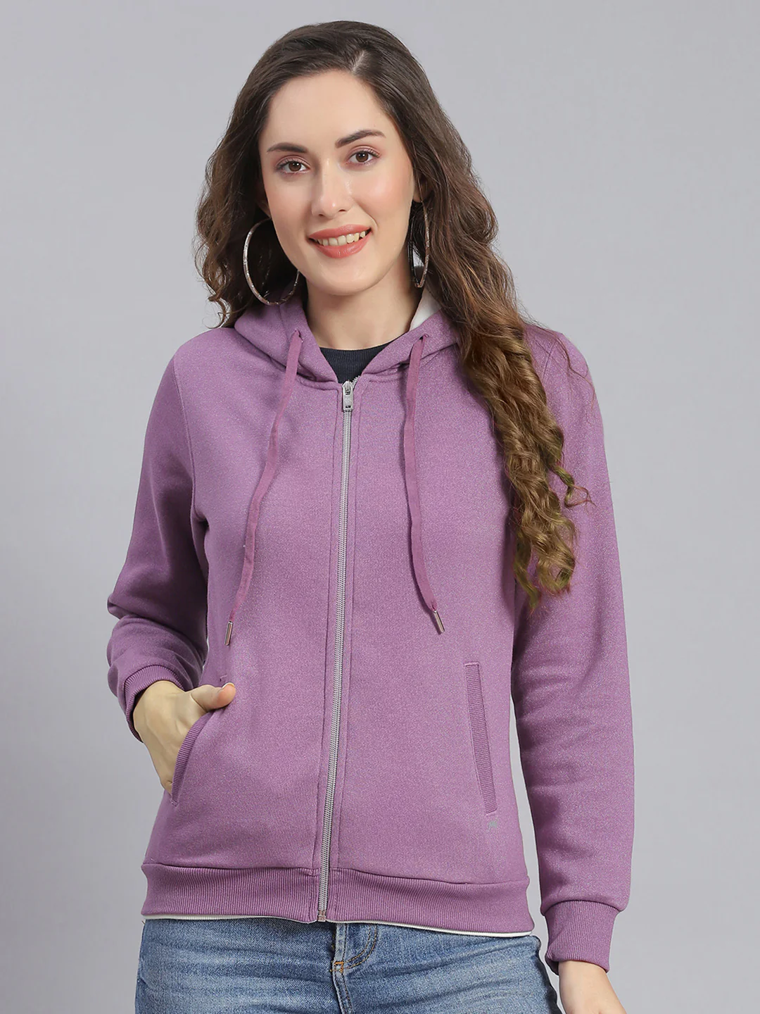 Women Purple Embroidered Hooded Full Sleeve Sweatshirts - Image 2